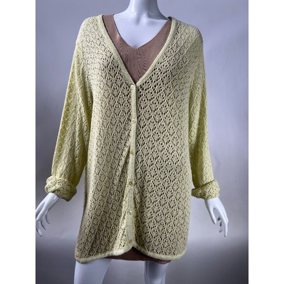Sag Harbor Womens 2X Vintage Yellow Open Knit Cardigan Sweater Button Front - Picture 1 of 16